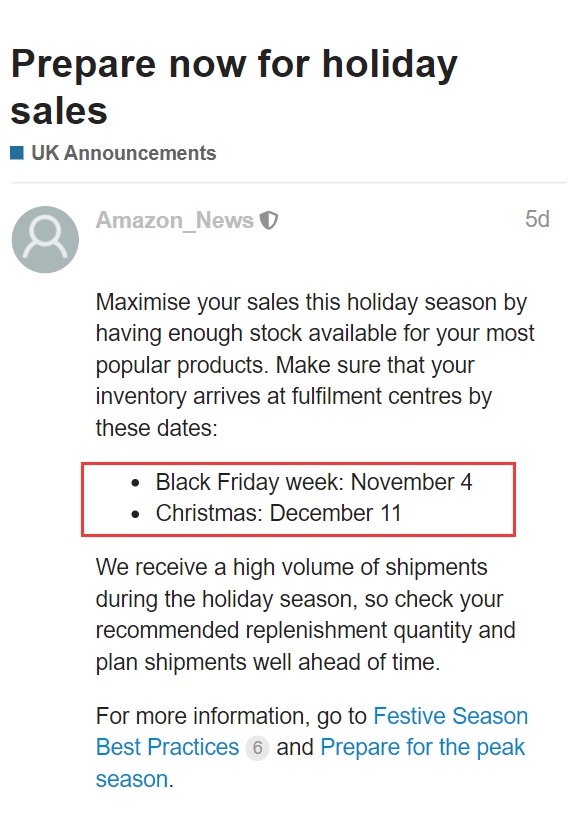 亚马逊公布旺季最晚入仓时间