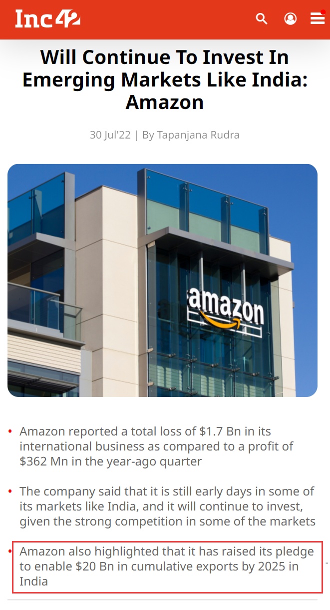 亚马逊印度市场2022财年整体收入激增32% 净亏损减少23%