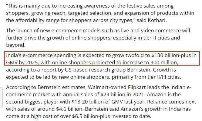 2022年印度假日购物季电商销售额将达118亿美元