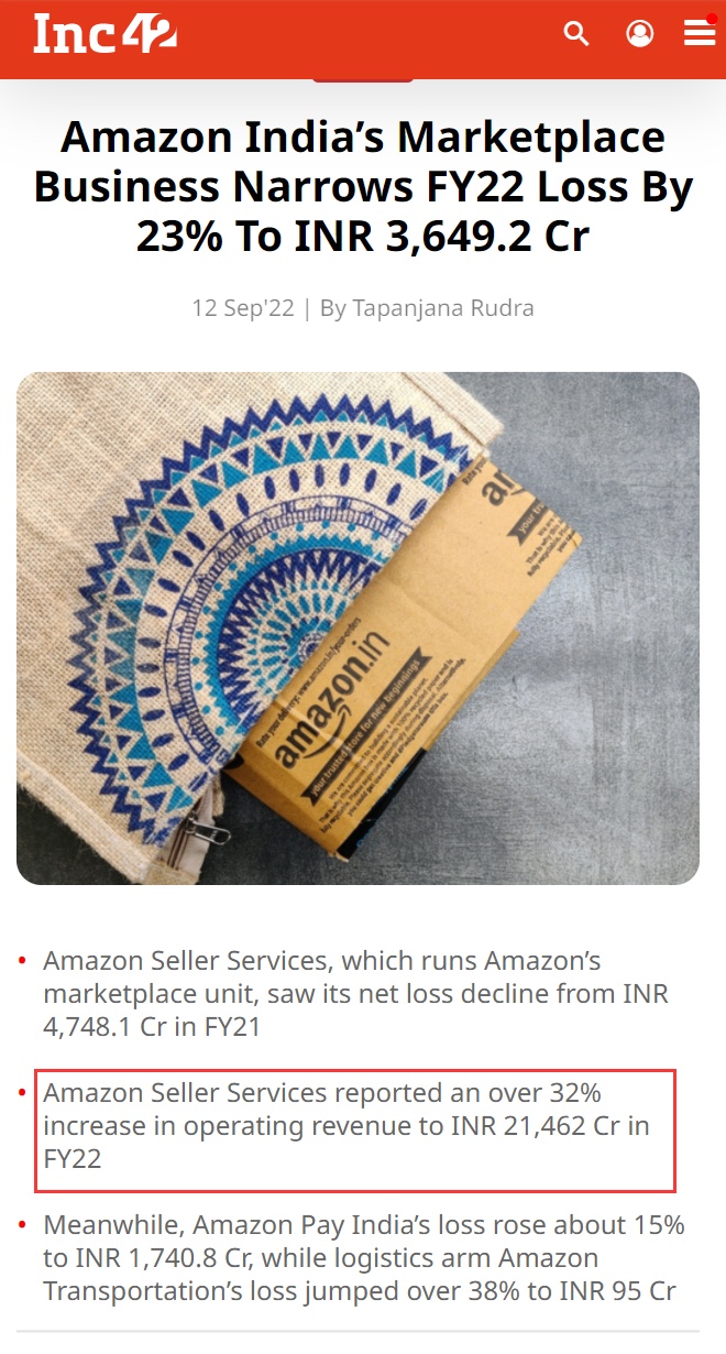 亚马逊印度市场2022财年整体收入激增32% 净亏损减少23%