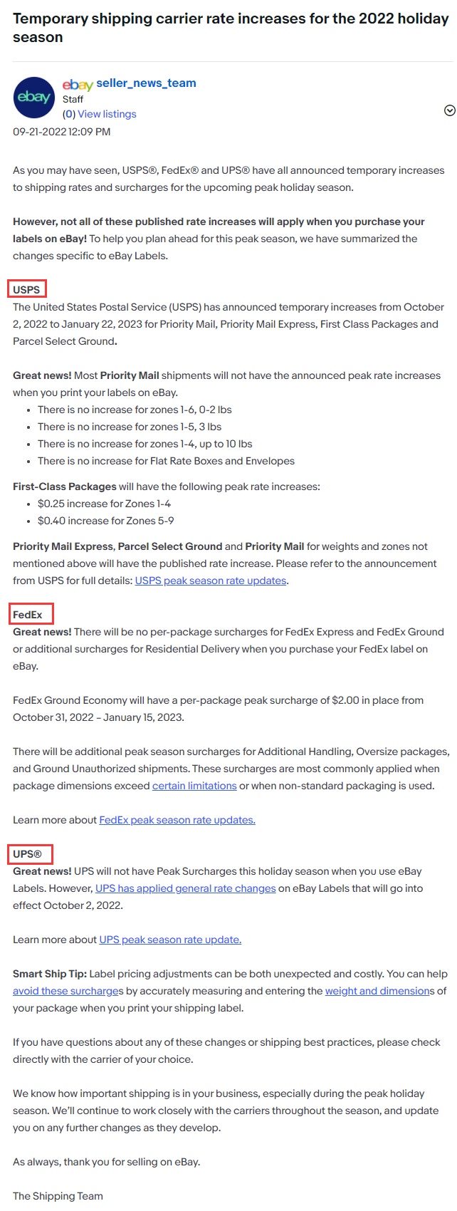 eBay美国站：旺季物流承运商费率上调