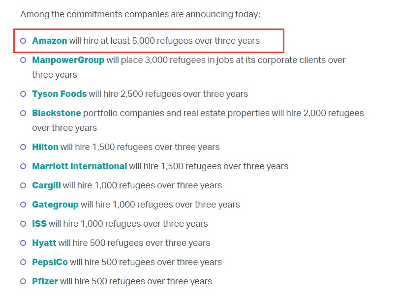 亚马逊等45家公司承诺未来三年雇佣超2万难民