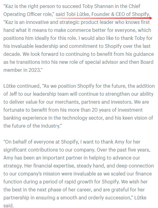 Shopify领导层变动：首席运营官和首席财务官均换将