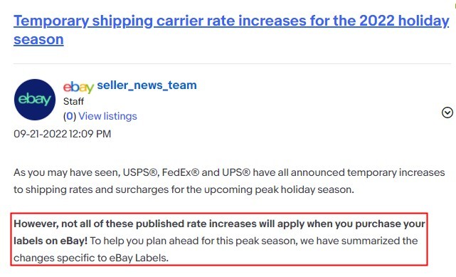 eBay美国站：旺季物流承运商费率上调