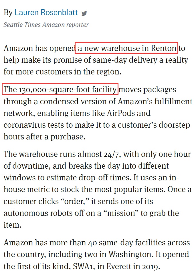 亚马逊在华盛顿开设第二个当日达配送中心