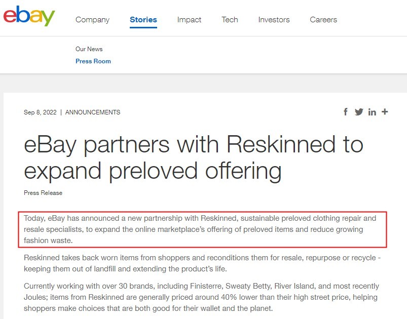 eBay英国站与二手服装转售平台Riskinned达成合作