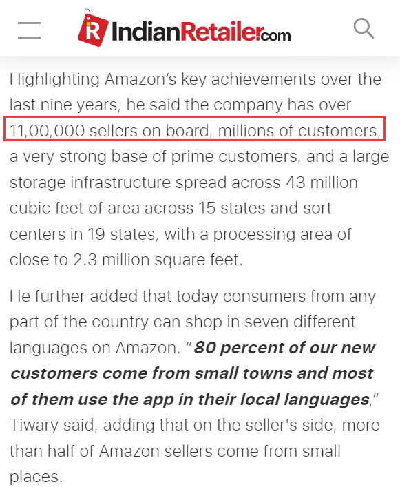 亚马逊印度站卖家数突破110万