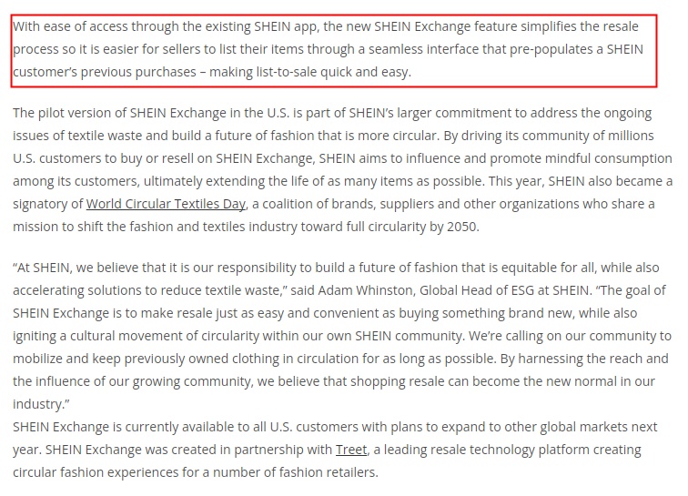 SHEIN宣布推出二手转售平台SHEIN Exchange