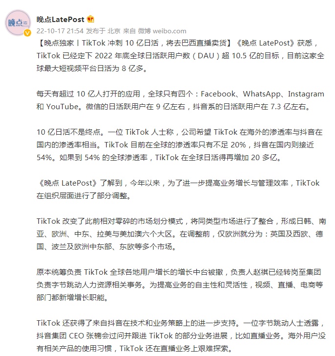 TikTok定下2022年底全球DAU超10.5亿目标