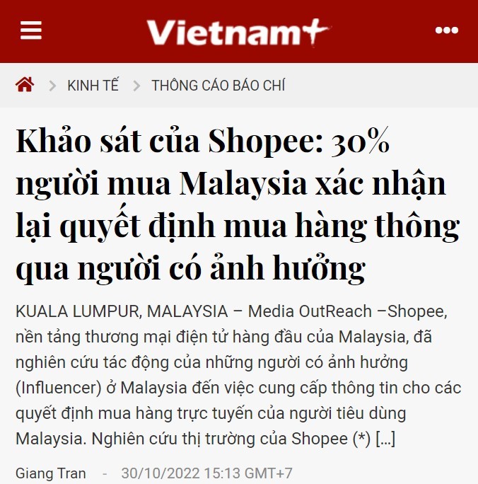 Shopee:近30%马来西亚买家网购受网红博主影响