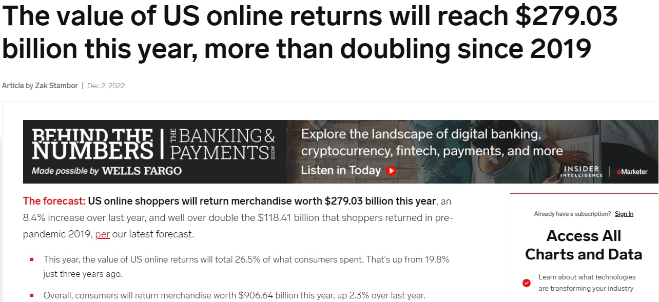 机构预测美国网购退货商品将高达2790.3亿美元