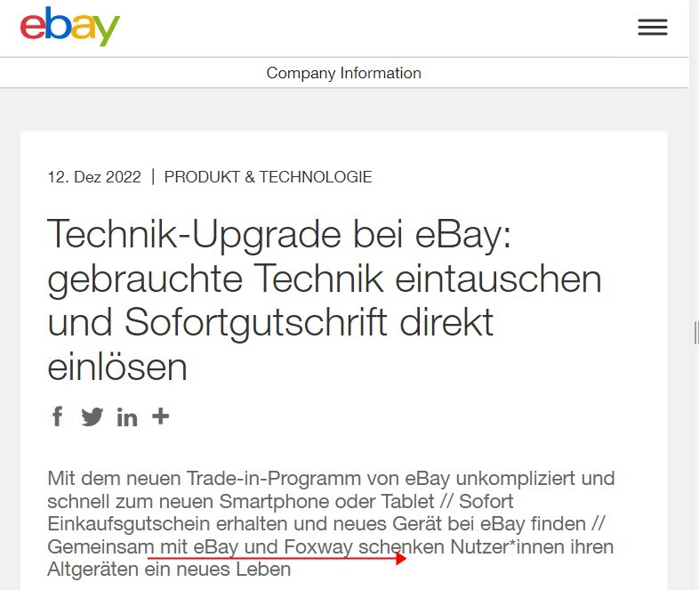 eBay德国站与Foxway合作推出“以旧换新”计划