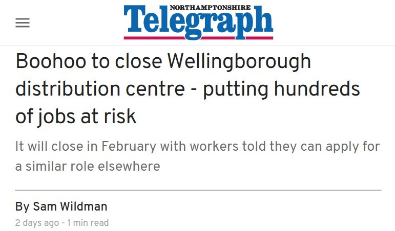Boohoo明年将关闭威灵堡配送中心