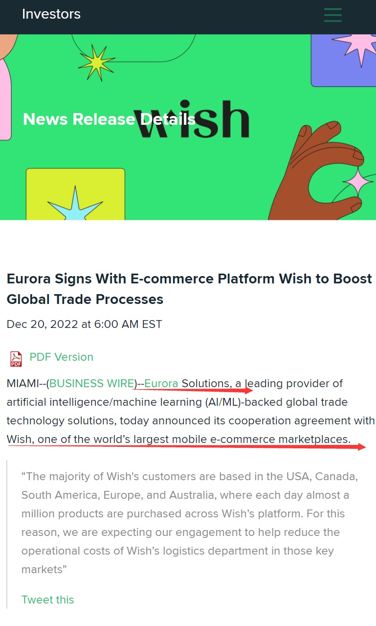 Wish与跨境电商服务商Eurora达成合作