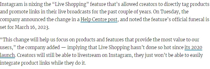 Instagram将于3月取消其直播购物功能