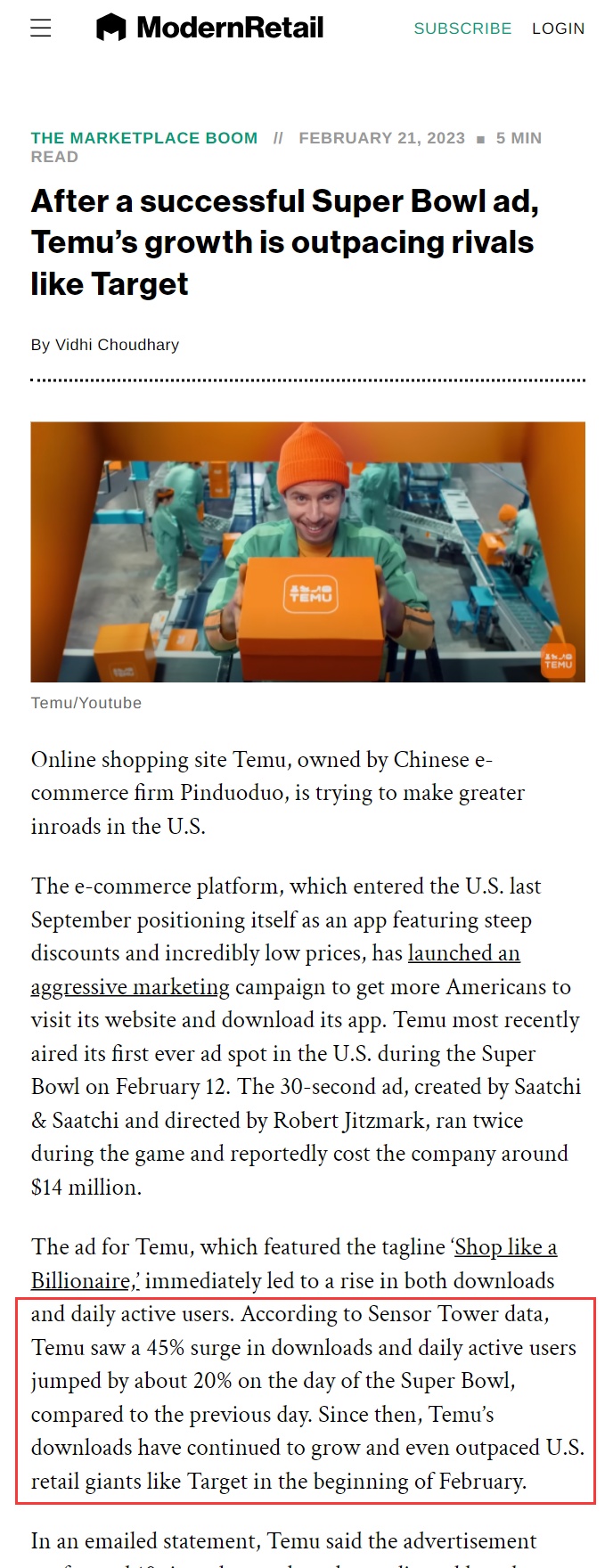 Temu亮相超级碗后流量暴涨 活跃用户已超Target