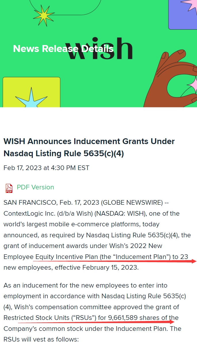 跨境电商平台Wish向23名新员工授予激励奖励