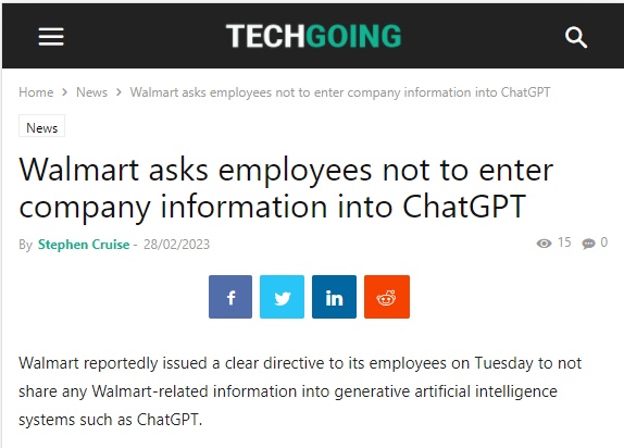 沃尔玛要求员工不要将公司信息输入ChatGPT